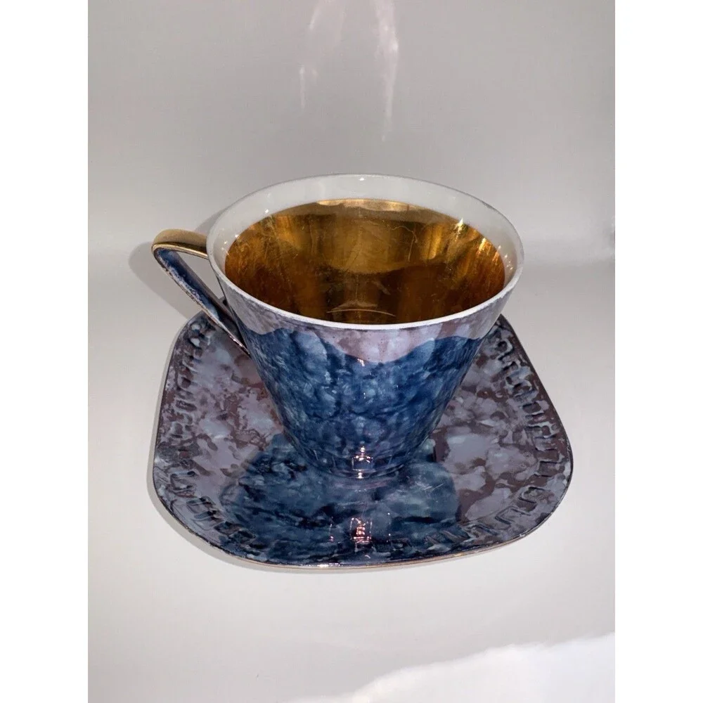 Vintage Wawel Poland Mid Century Demitasse Cup & Saucer Set 3 Blue Marbled Gold